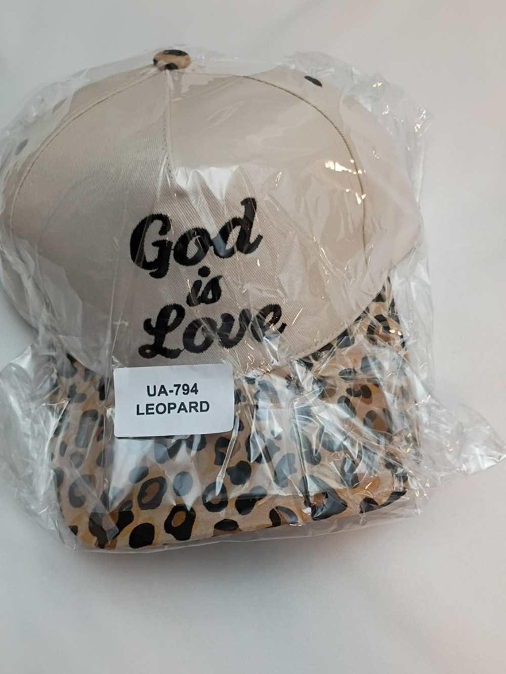 Women's God is Love Beige Cap with Leopard Brim